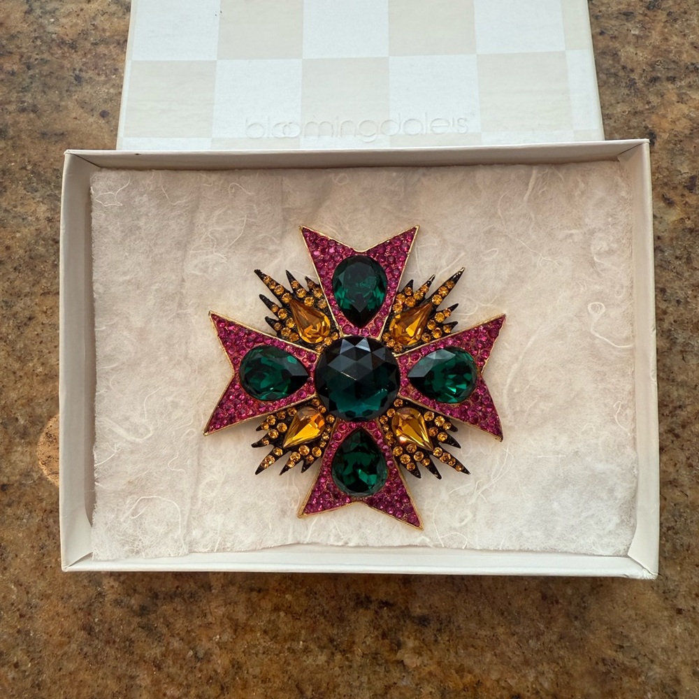 Vintage Jay Feinberg (Strongwater) Gold, Fuchsia & Green Encrusted Brooch